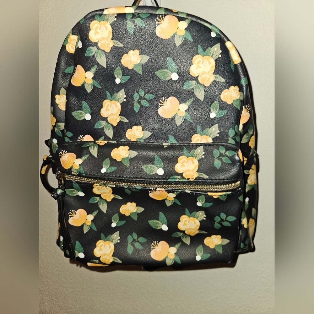 Kohls Purse Mini Backpack Handbag Black W/ Yellow Flowers - Picture 2 of 10